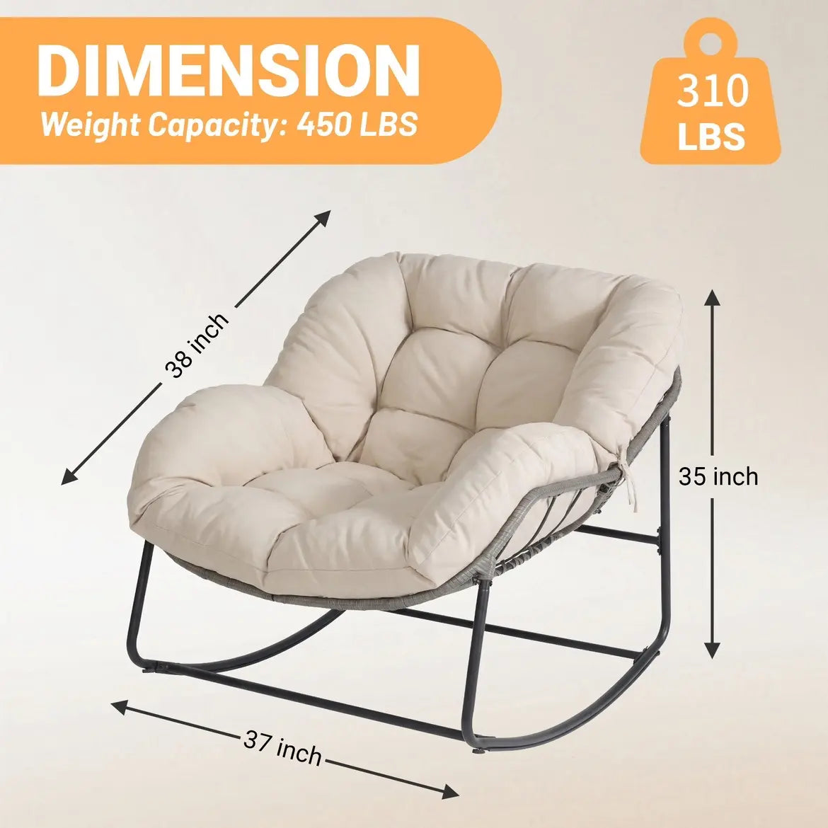 Outdoor Rocking Chair with Thick Cushion, 300lbs Capacity, Adjustable Backrest for Indoor & Outdoor Use