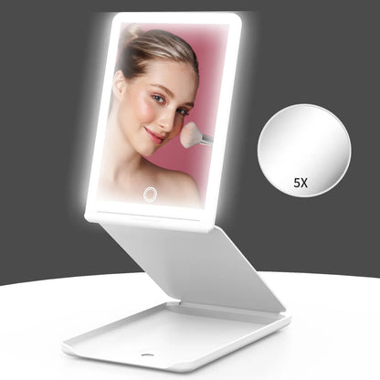 Portable Travel Makeup Mirror by Jack & Rose, 3-Color LED, Adjustable Angle & Height, Touch Screen, Foldable
