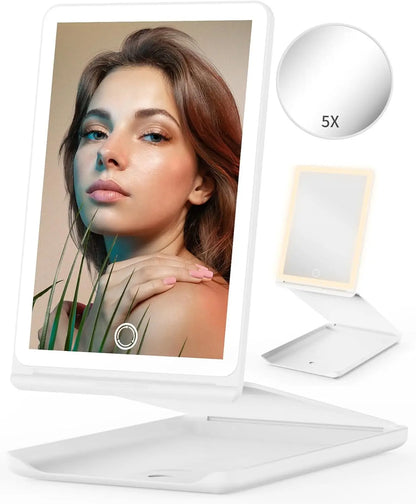 Portable Travel Makeup Mirror by Jack & Rose, 3-Color LED, Adjustable Angle & Height, Touch Screen, Foldable
