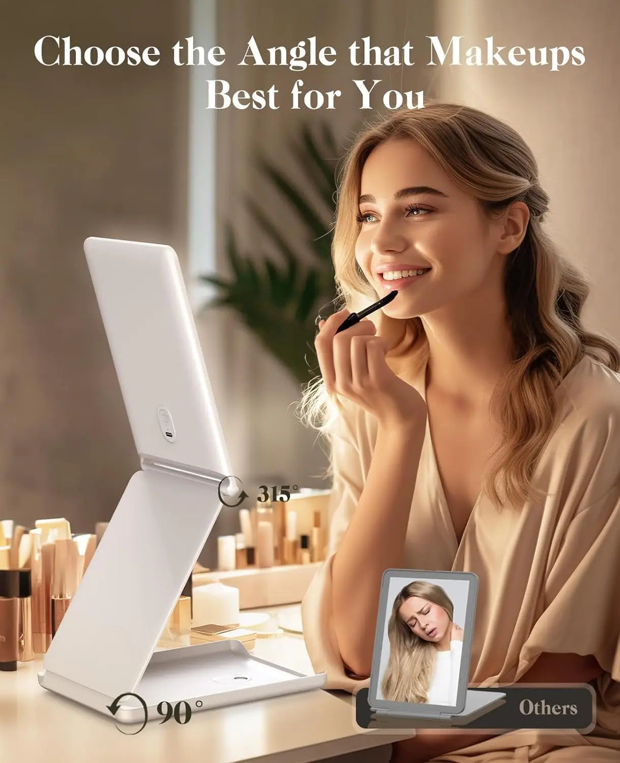 Portable Travel Makeup Mirror by Jack & Rose, 3-Color LED, Adjustable Angle & Height, Touch Screen, Foldable