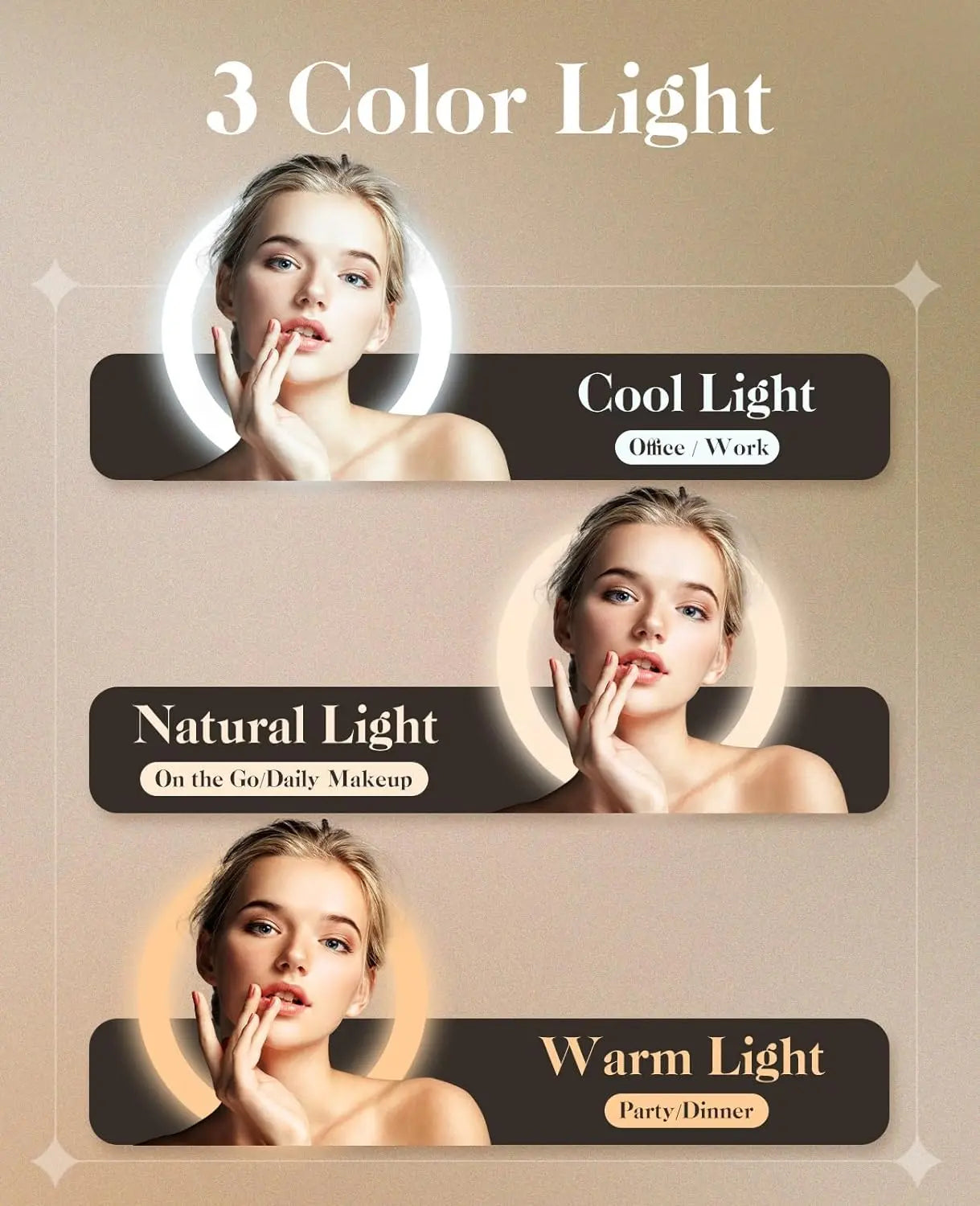 Portable Travel Makeup Mirror by Jack & Rose, 3-Color LED, Adjustable Angle & Height, Touch Screen, Foldable