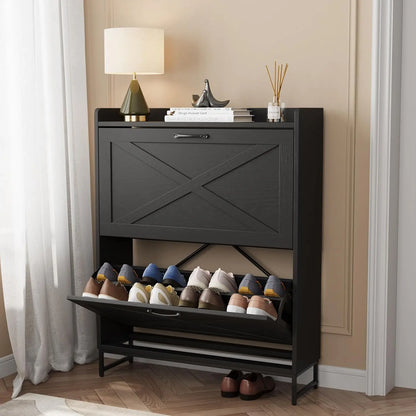 VOWNER Farmhouse Shoe Storage Cabinet with 2 Flip Drawers – Freestanding Organizer with Metal Legs for Entryway, Narrow Shoe Rack