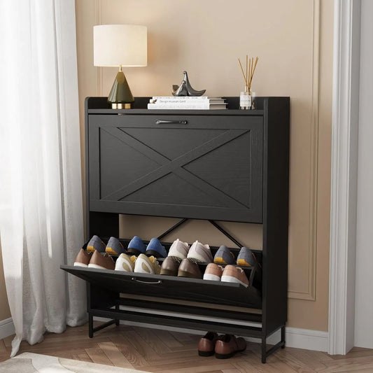 VOWNER Farmhouse Shoe Storage Cabinet with 2 Flip Drawers – Freestanding Organizer with Metal Legs for Entryway, Narrow Shoe Rack