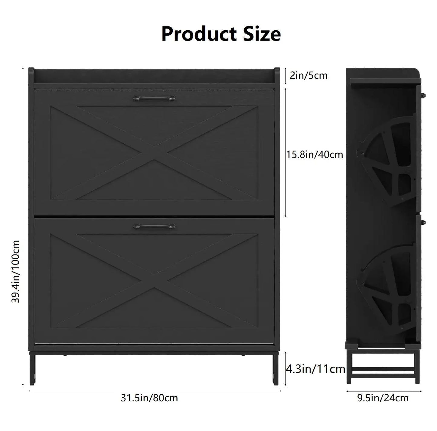 VOWNER Farmhouse Shoe Storage Cabinet with 2 Flip Drawers – Freestanding Organizer with Metal Legs for Entryway, Narrow Shoe Rack