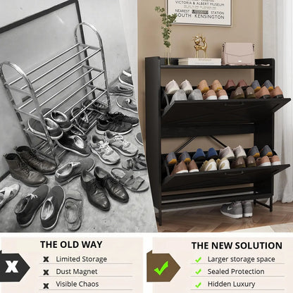 VOWNER Farmhouse Shoe Storage Cabinet with 2 Flip Drawers – Freestanding Organizer with Metal Legs for Entryway, Narrow Shoe Rack