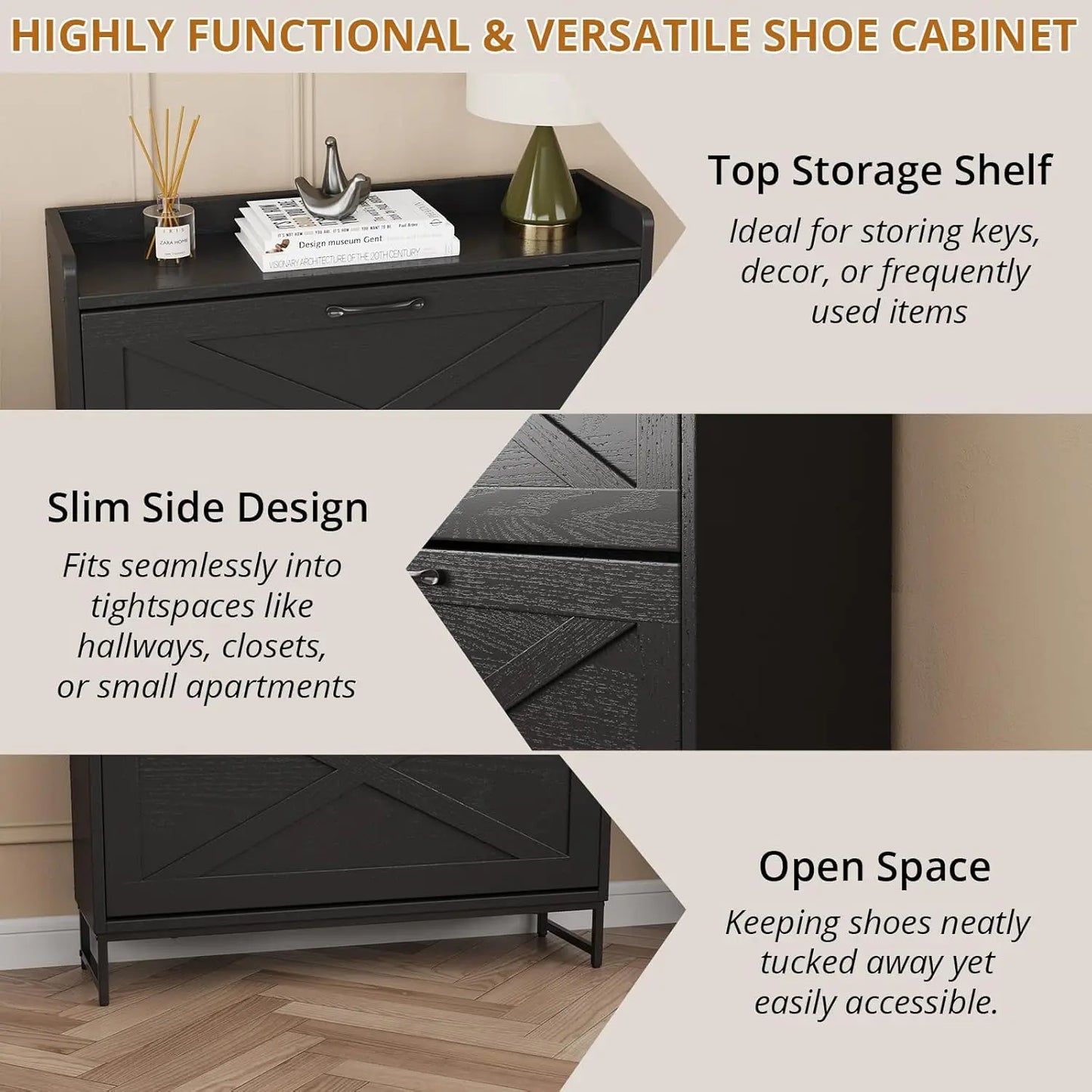 VOWNER Farmhouse Shoe Storage Cabinet with 2 Flip Drawers – Freestanding Organizer with Metal Legs for Entryway, Narrow Shoe Rack