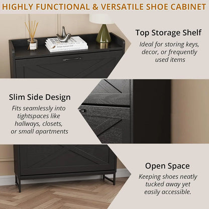 VOWNER Farmhouse Shoe Storage Cabinet with 2 Flip Drawers – Freestanding Organizer with Metal Legs for Entryway, Narrow Shoe Rack