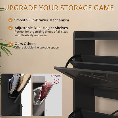 VOWNER Farmhouse Shoe Storage Cabinet with 2 Flip Drawers – Freestanding Organizer with Metal Legs for Entryway, Narrow Shoe Rack
