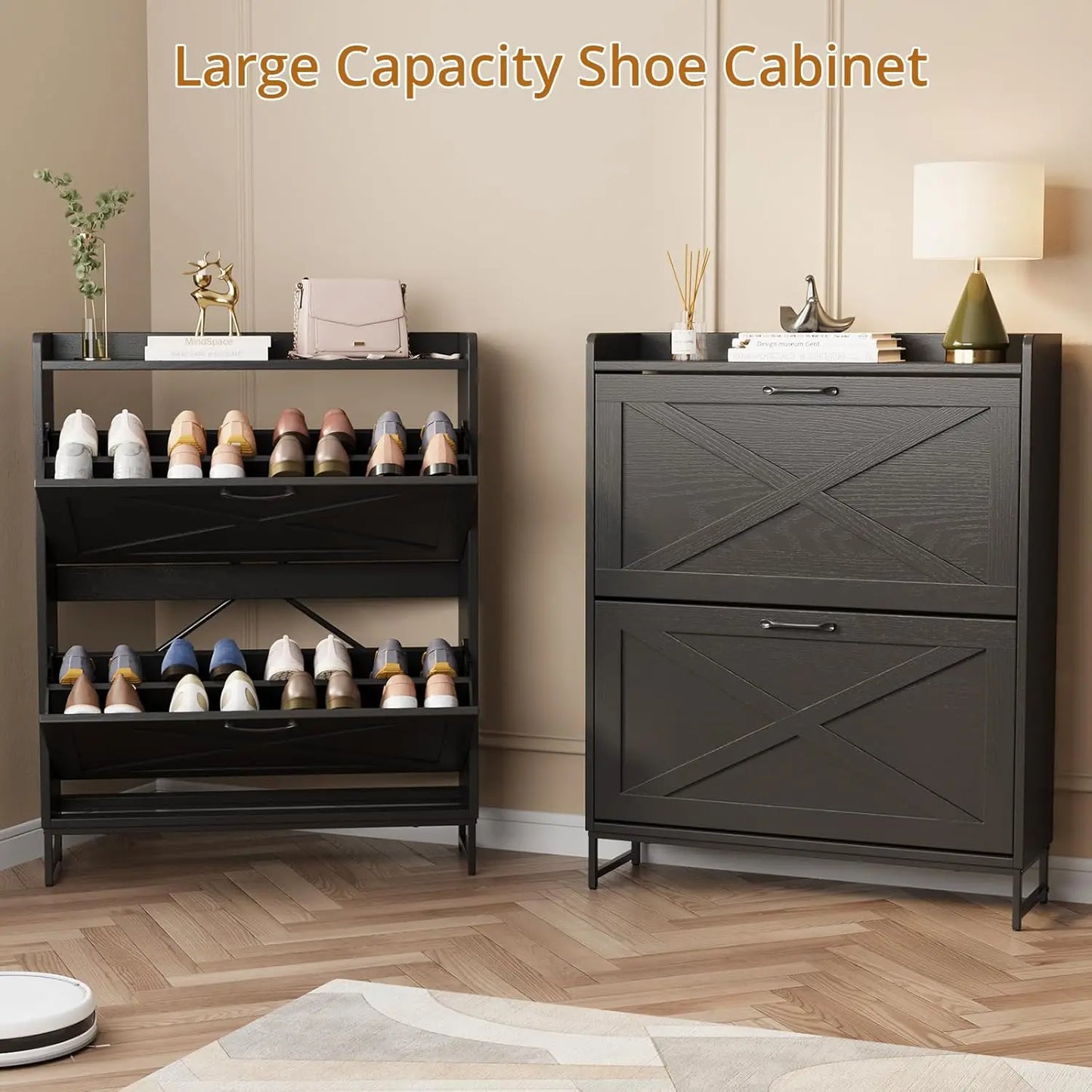 VOWNER Farmhouse Shoe Storage Cabinet with 2 Flip Drawers – Freestanding Organizer with Metal Legs for Entryway, Narrow Shoe Rack