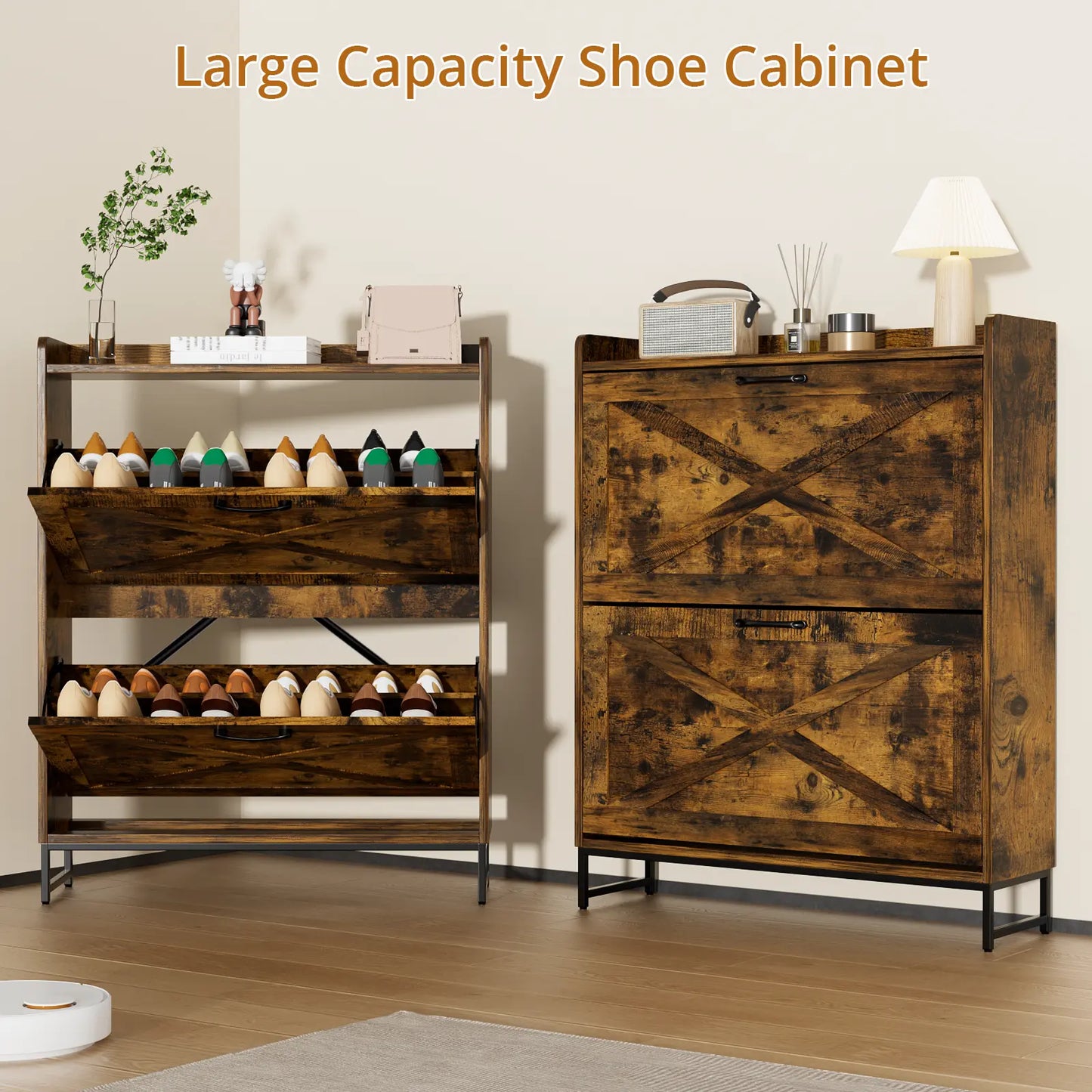 VOWNER Farmhouse Shoe Storage Cabinet with 2 Flip Drawers – Freestanding Organizer with Metal Legs for Entryway, Narrow Shoe Rack