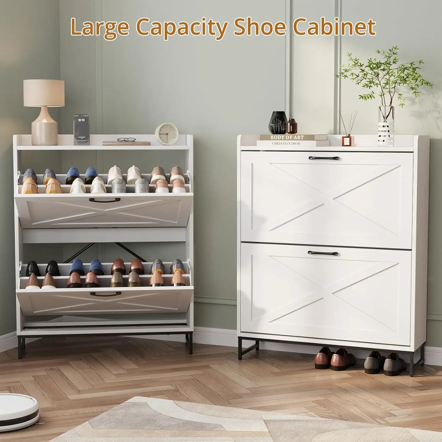 VOWNER Farmhouse Shoe Storage Cabinet with 2 Flip Drawers – Freestanding Organizer with Metal Legs for Entryway, Narrow Shoe Rack