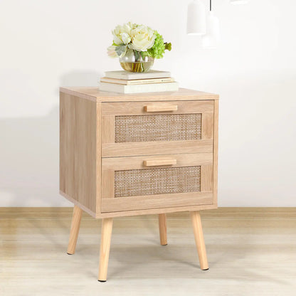 VOWNER Rattan End Table with 2 Drawers – Solid Wood Legs, Bedroom Storage Nightstand, Easy to Assemble, Perfect for Kids Room