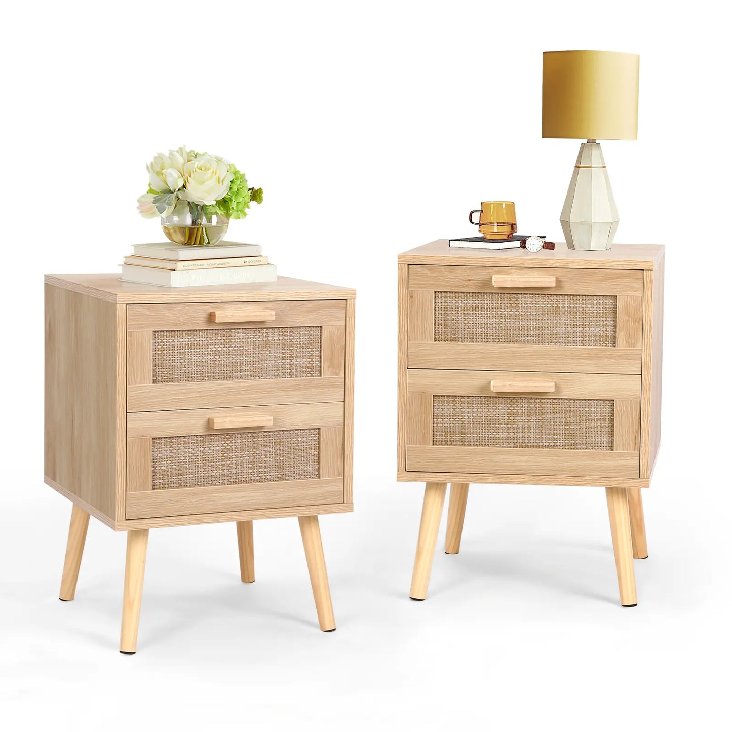VOWNER Rattan End Table with 2 Drawers – Solid Wood Legs, Bedroom Storage Nightstand, Easy to Assemble, Perfect for Kids Room