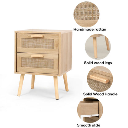 VOWNER Rattan End Table with 2 Drawers – Solid Wood Legs, Bedroom Storage Nightstand, Easy to Assemble, Perfect for Kids Room