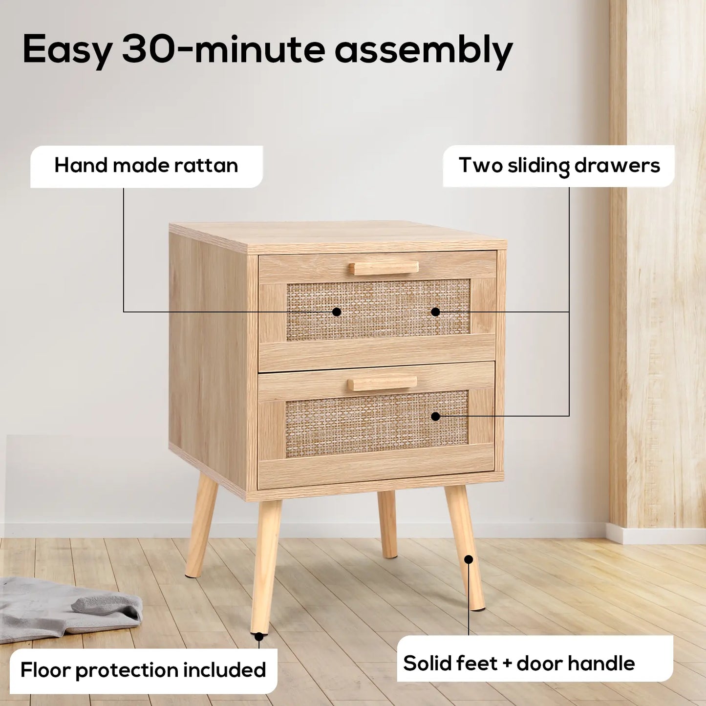 VOWNER Rattan End Table with 2 Drawers – Solid Wood Legs, Bedroom Storage Nightstand, Easy to Assemble, Perfect for Kids Room