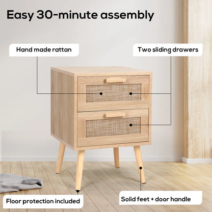 VOWNER Rattan End Table with 2 Drawers – Solid Wood Legs, Bedroom Storage Nightstand, Easy to Assemble, Perfect for Kids Room