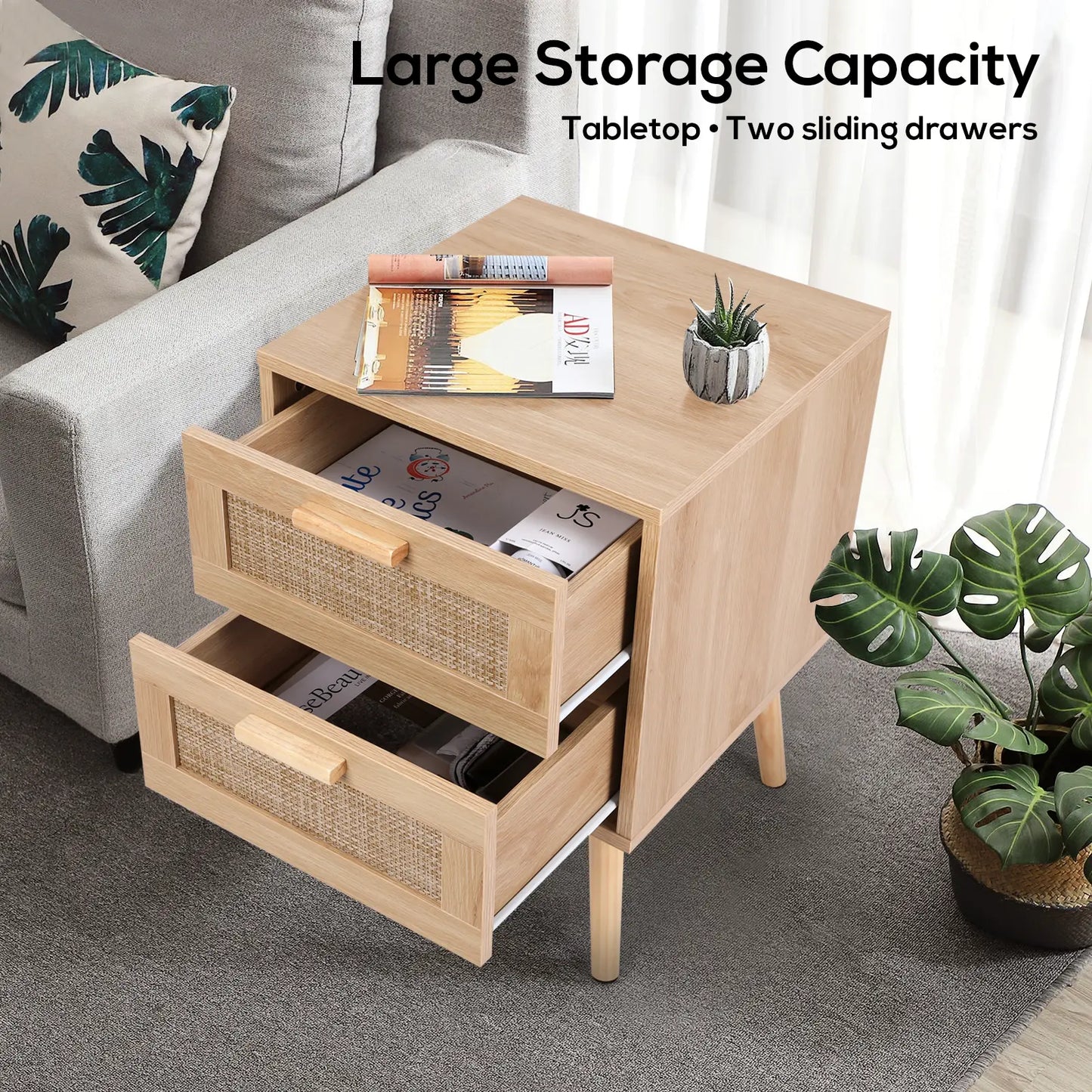 VOWNER Rattan End Table with 2 Drawers – Solid Wood Legs, Bedroom Storage Nightstand, Easy to Assemble, Perfect for Kids Room
