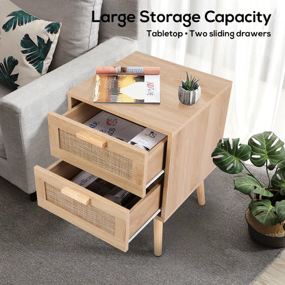 VOWNER Rattan End Table with 2 Drawers – Solid Wood Legs, Bedroom Storage Nightstand, Easy to Assemble, Perfect for Kids Room