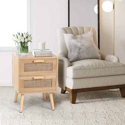 VOWNER Rattan End Table with 2 Drawers – Solid Wood Legs, Bedroom Storage Nightstand, Easy to Assemble, Perfect for Kids Room