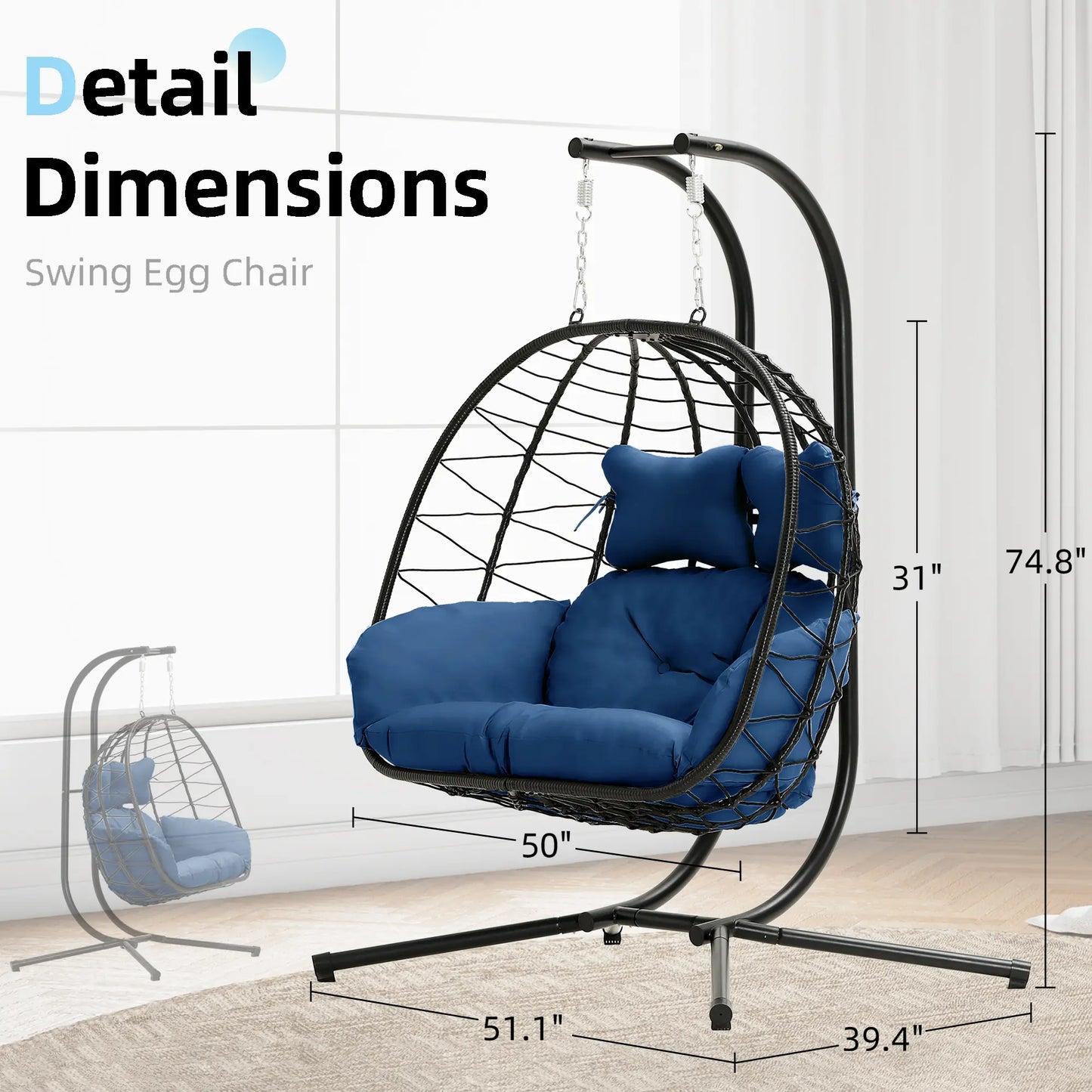 RIWENGO Foldable Double Egg Chair with Cushion – Outdoor Wicker Swing Chair, Rust-Resistant Steel Frame, Ideal for Patio, Garden & Backyard