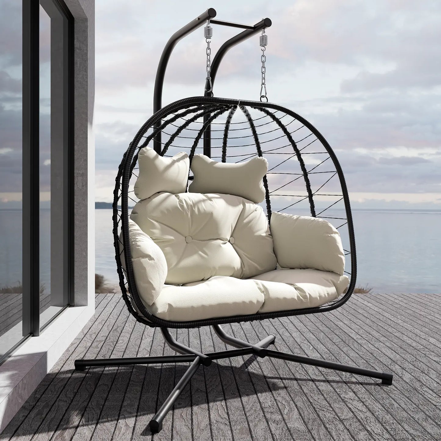 RIWENGO Foldable Double Egg Chair with Cushion – Outdoor Wicker Swing Chair, Rust-Resistant Steel Frame, Ideal for Patio, Garden & Backyard
