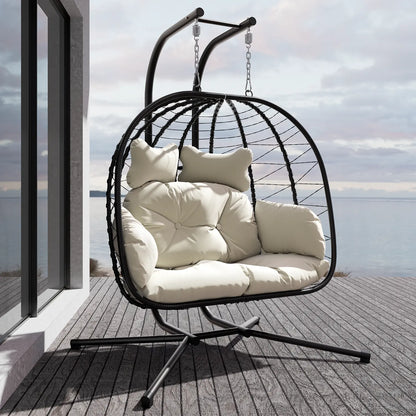 RIWENGO Foldable Double Egg Chair with Cushion – Outdoor Wicker Swing Chair, Rust-Resistant Steel Frame, Ideal for Patio, Garden & Backyard