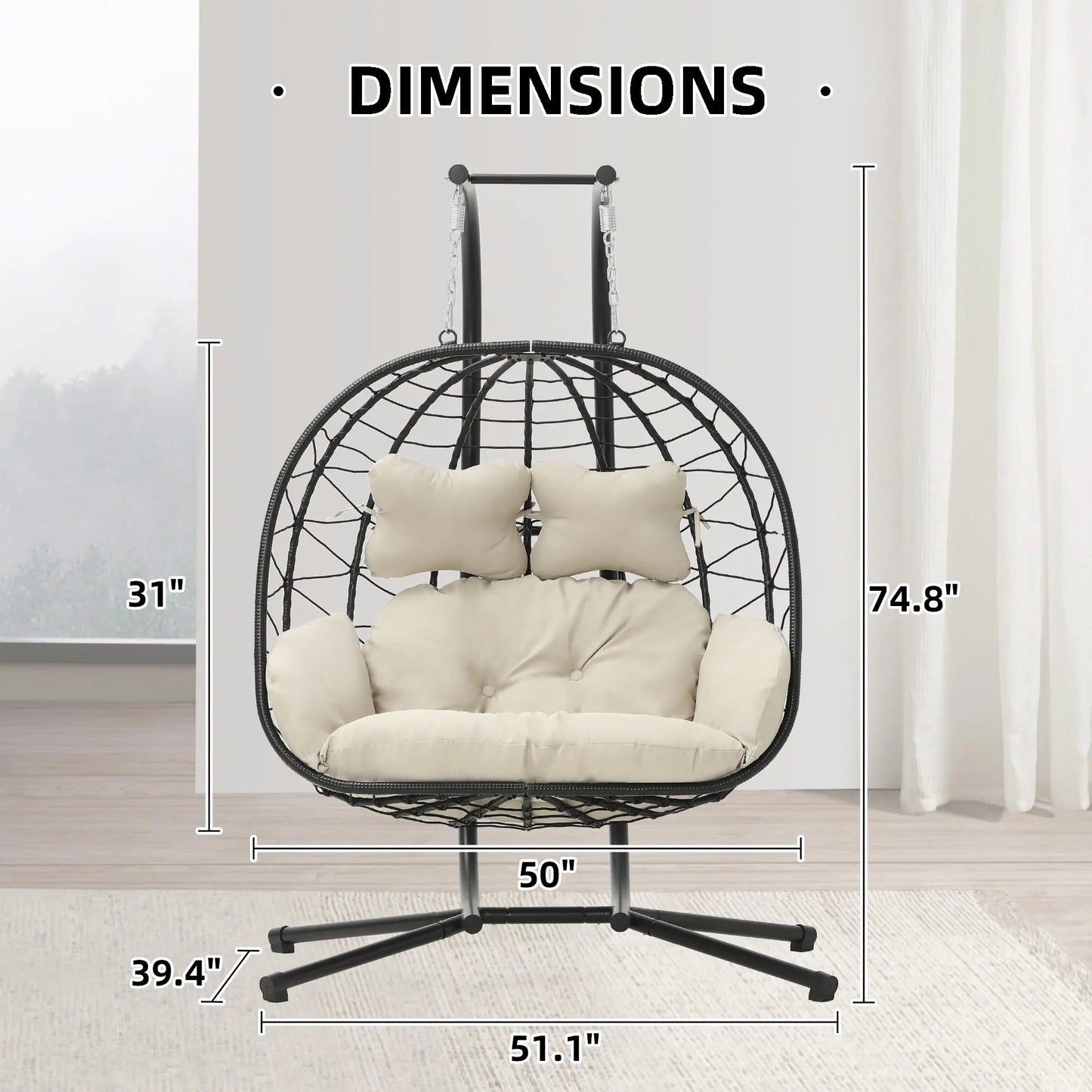 RIWENGO Foldable Double Egg Chair with Cushion – Outdoor Wicker Swing Chair, Rust-Resistant Steel Frame, Ideal for Patio, Garden & Backyard