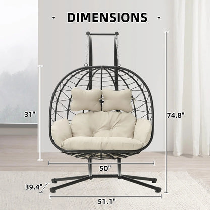 RIWENGO Foldable Double Egg Chair with Cushion – Outdoor Wicker Swing Chair, Rust-Resistant Steel Frame, Ideal for Patio, Garden & Backyard
