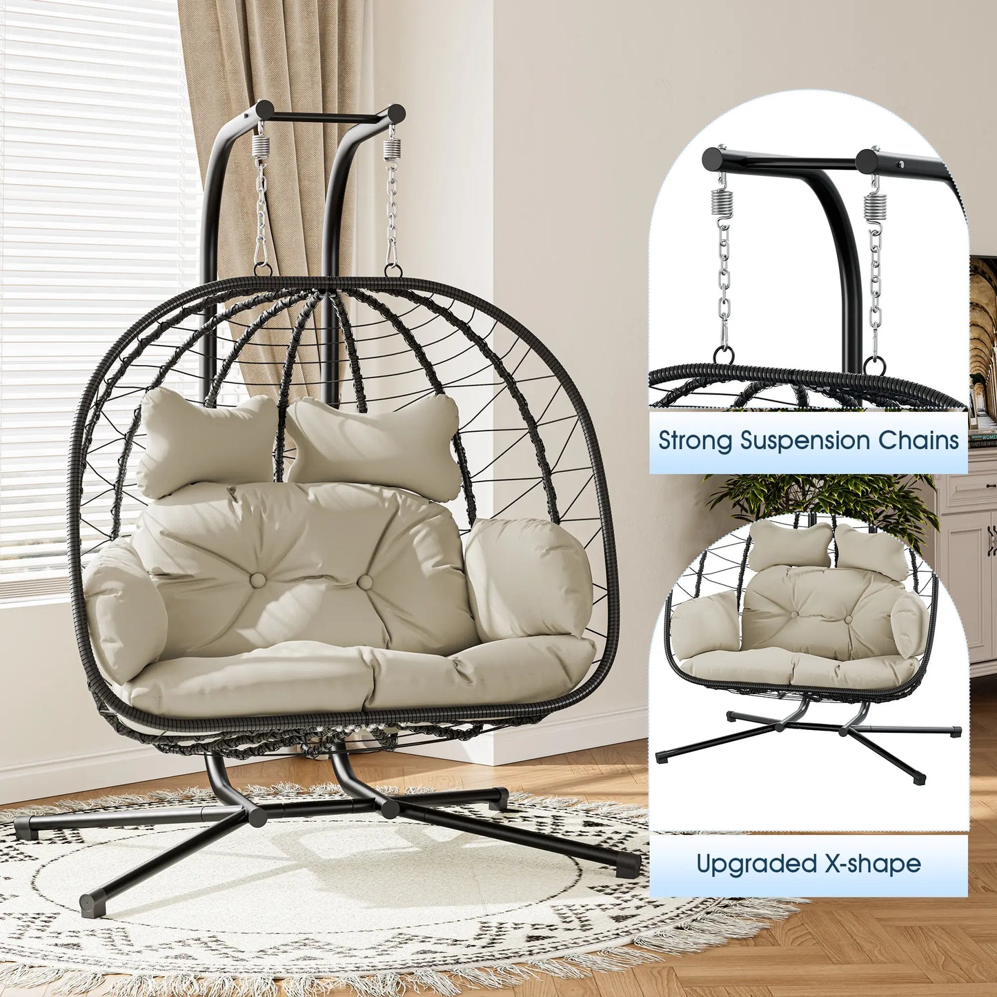 RIWENGO Foldable Double Egg Chair with Cushion – Outdoor Wicker Swing Chair, Rust-Resistant Steel Frame, Ideal for Patio, Garden & Backyard