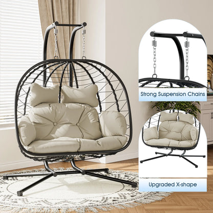 RIWENGO Foldable Double Egg Chair with Cushion – Outdoor Wicker Swing Chair, Rust-Resistant Steel Frame, Ideal for Patio, Garden & Backyard