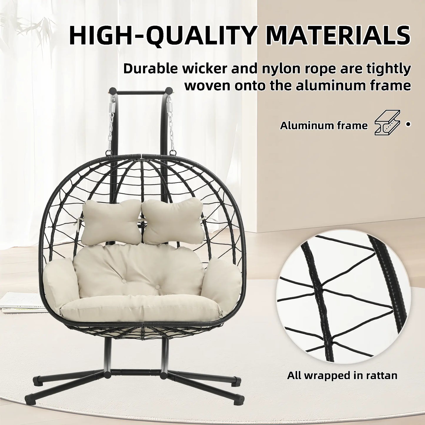 RIWENGO Foldable Double Egg Chair with Cushion – Outdoor Wicker Swing Chair, Rust-Resistant Steel Frame, Ideal for Patio, Garden & Backyard