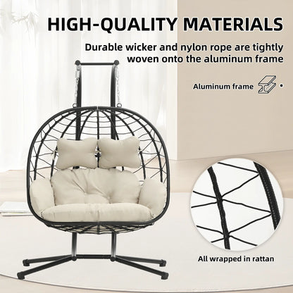 RIWENGO Foldable Double Egg Chair with Cushion – Outdoor Wicker Swing Chair, Rust-Resistant Steel Frame, Ideal for Patio, Garden & Backyard