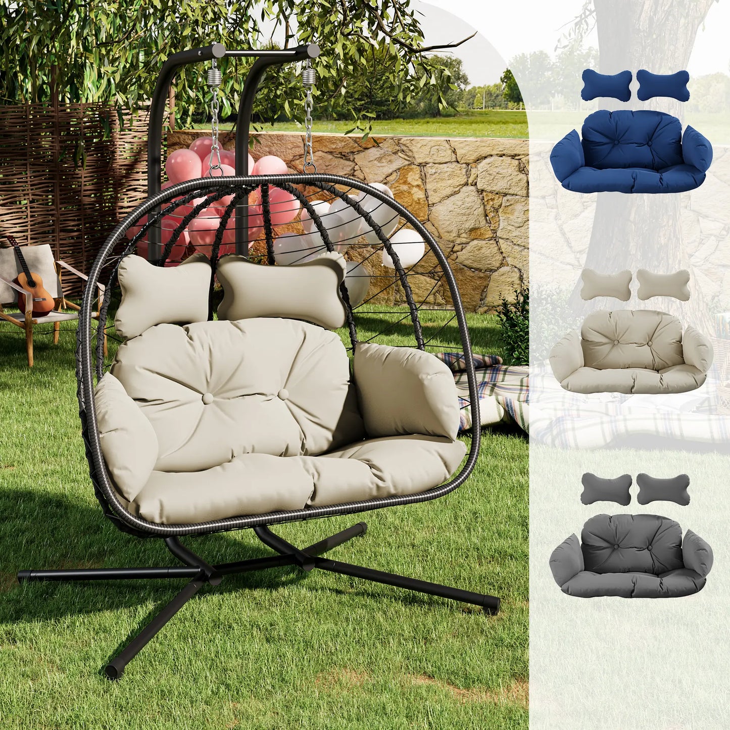 RIWENGO Foldable Double Egg Chair with Cushion – Outdoor Wicker Swing Chair, Rust-Resistant Steel Frame, Ideal for Patio, Garden & Backyard