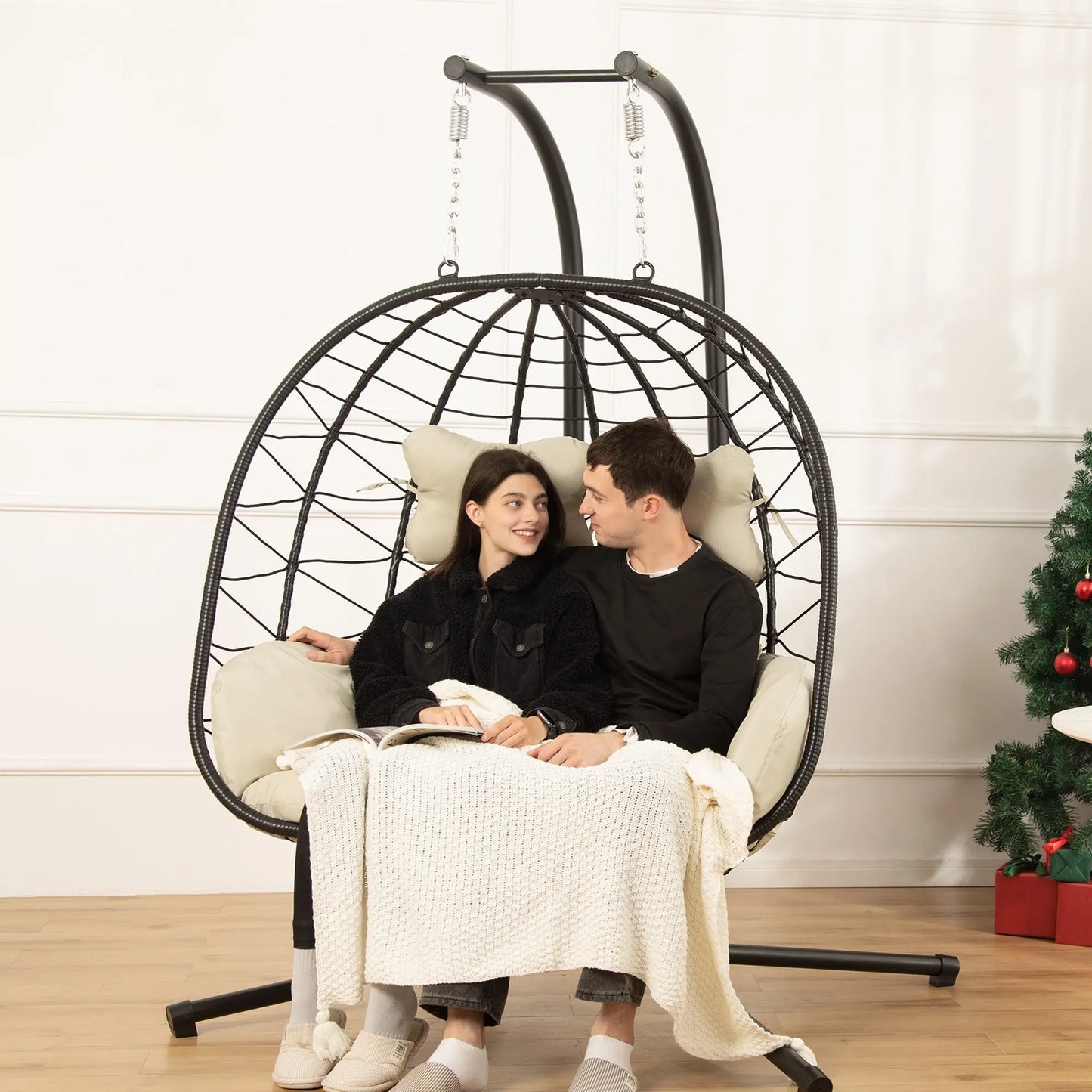 RIWENGO Foldable Double Egg Chair with Cushion – Outdoor Wicker Swing Chair, Rust-Resistant Steel Frame, Ideal for Patio, Garden & Backyard