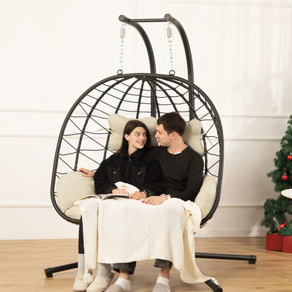RIWENGO Foldable Double Egg Chair with Cushion – Outdoor Wicker Swing Chair, Rust-Resistant Steel Frame, Ideal for Patio, Garden & Backyard