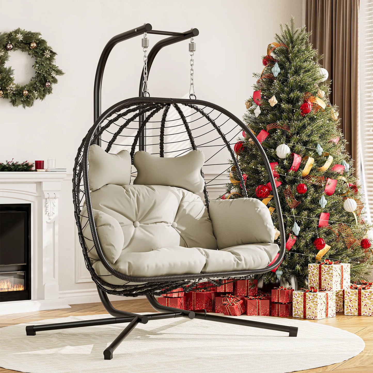 RIWENGO Foldable Double Egg Chair with Cushion – Outdoor Wicker Swing Chair, Rust-Resistant Steel Frame, Ideal for Patio, Garden & Backyard