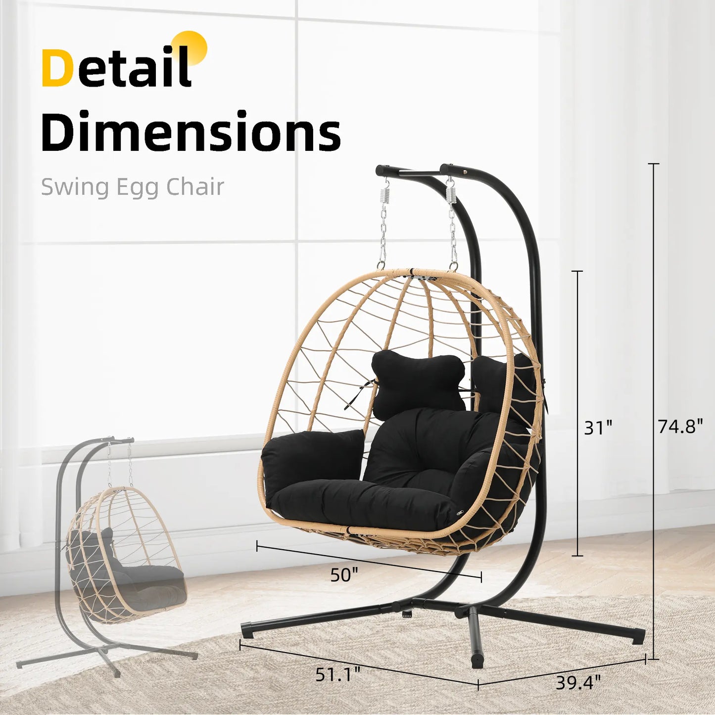 RIWENGO Foldable Double Egg Chair with Cushion – Outdoor Wicker Swing Chair, Rust-Resistant Steel Frame, Ideal for Patio, Garden & Backyard