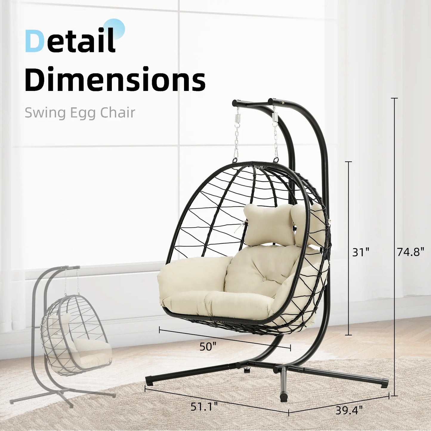 RIWENGO Foldable Double Egg Chair with Cushion – Outdoor Wicker Swing Chair, Rust-Resistant Steel Frame, Ideal for Patio, Garden & Backyard