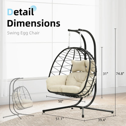 RIWENGO Foldable Double Egg Chair with Cushion – Outdoor Wicker Swing Chair, Rust-Resistant Steel Frame, Ideal for Patio, Garden & Backyard