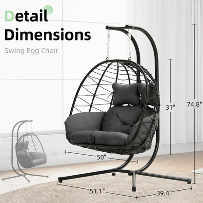 RIWENGO Foldable Double Egg Chair with Cushion – Outdoor Wicker Swing Chair, Rust-Resistant Steel Frame, Ideal for Patio, Garden & Backyard