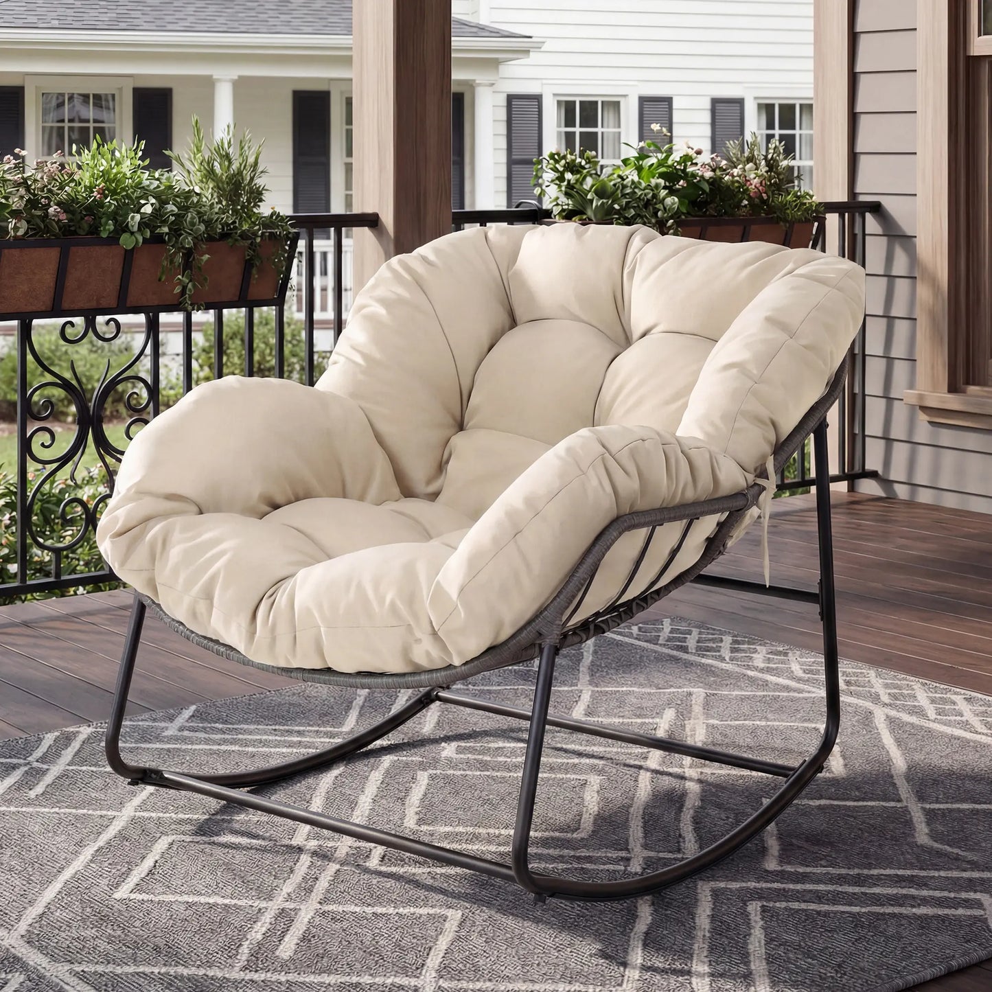 Outdoor Rocking Chair with Thick Cushion, 300lbs Capacity, Adjustable Backrest for Indoor & Outdoor Use