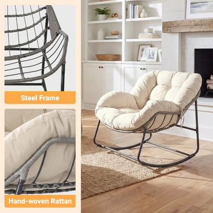 Outdoor Rocking Chair with Thick Cushion, 300lbs Capacity, Adjustable Backrest for Indoor & Outdoor Use