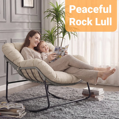 Outdoor Rocking Chair with Thick Cushion, 300lbs Capacity, Adjustable Backrest for Indoor & Outdoor Use