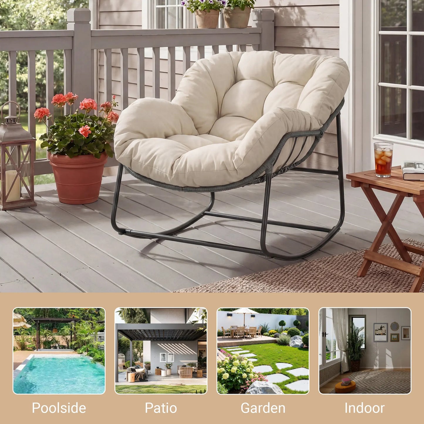 Outdoor Rocking Chair with Thick Cushion, 300lbs Capacity, Adjustable Backrest for Indoor & Outdoor Use