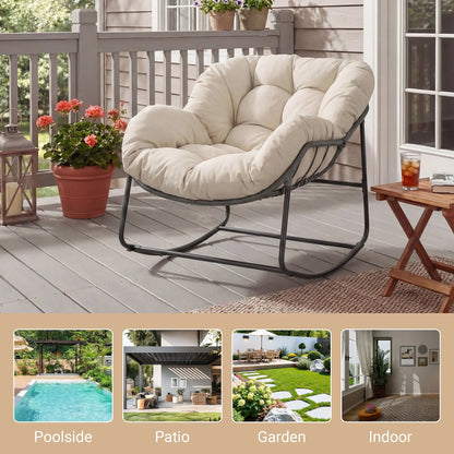 Outdoor Rocking Chair with Thick Cushion, 300lbs Capacity, Adjustable Backrest for Indoor & Outdoor Use