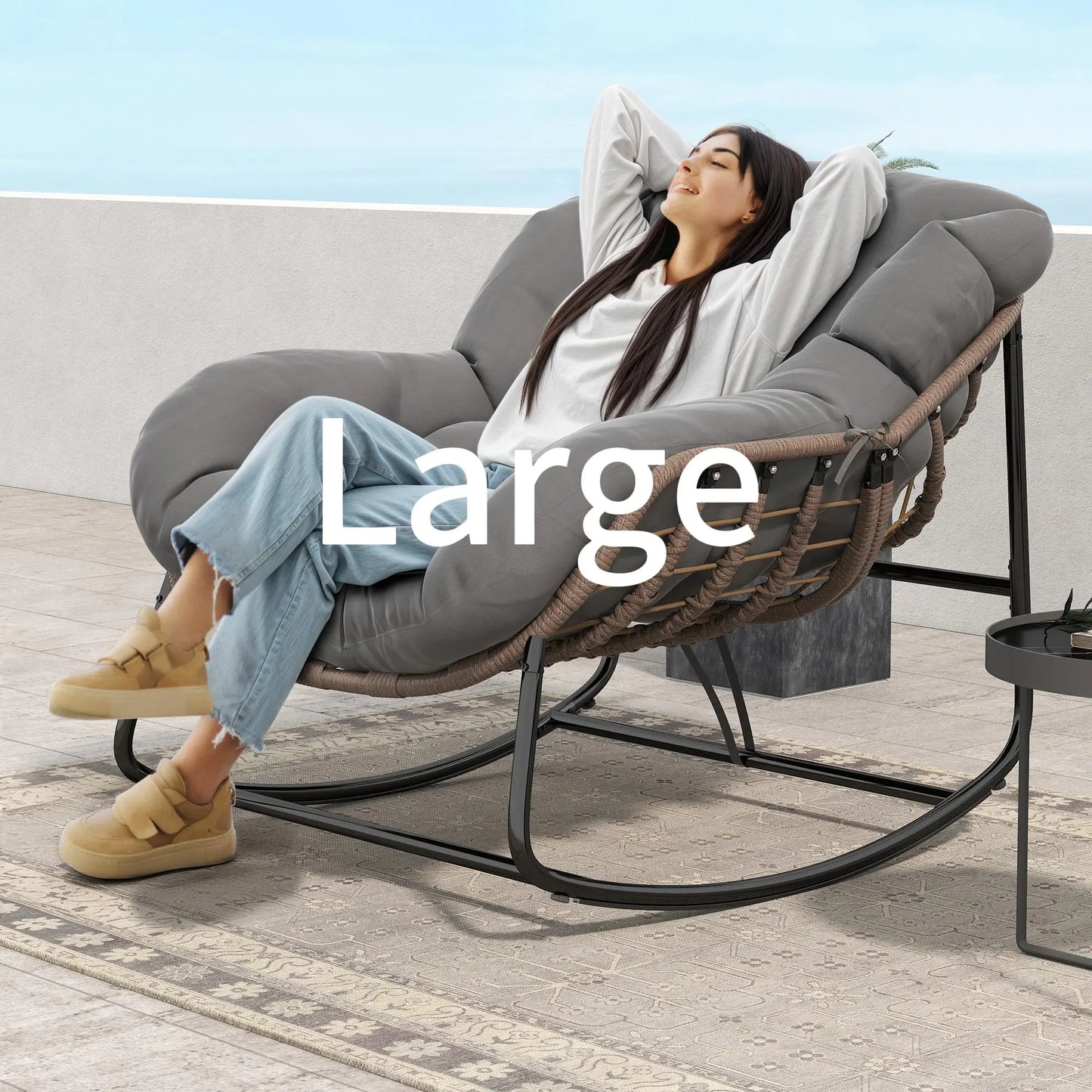 Outdoor Rocking Chair with Thick Cushion, 300lbs Capacity, Adjustable Backrest for Indoor & Outdoor Use