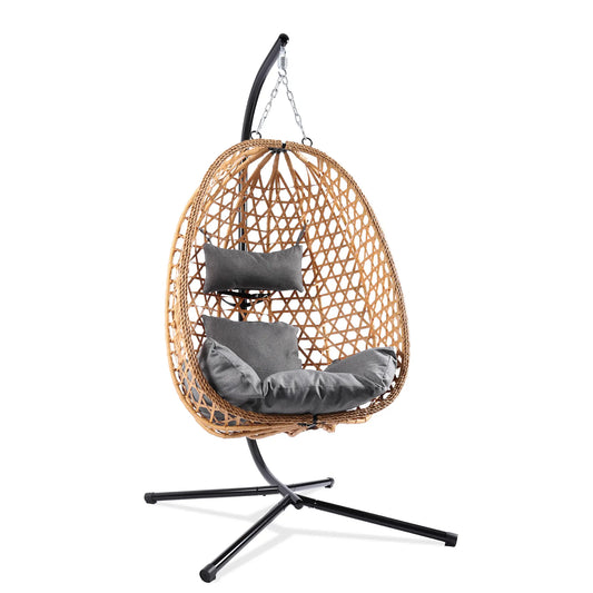 Boho Hanging Egg Chair with Stand – 350 lbs Capacity Patio Swing Chair with Cushions, Indoor & Outdoor Hammock Chair for Balcony, Garden & Bedroom