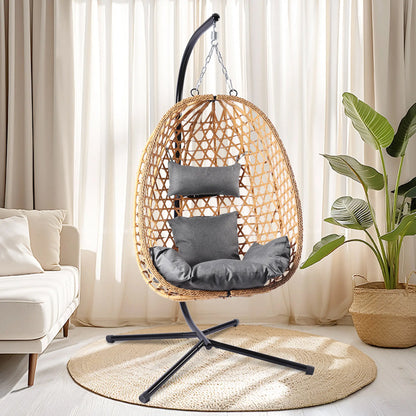Boho Hanging Egg Chair with Stand – 350 lbs Capacity Patio Swing Chair with Cushions, Indoor & Outdoor Hammock Chair for Balcony, Garden & Bedroom