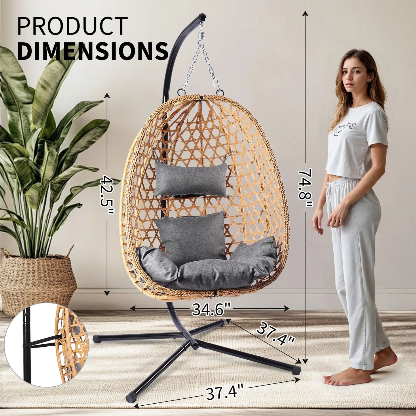 Boho Hanging Egg Chair with Stand – 350 lbs Capacity Patio Swing Chair with Cushions, Indoor & Outdoor Hammock Chair for Balcony, Garden & Bedroom