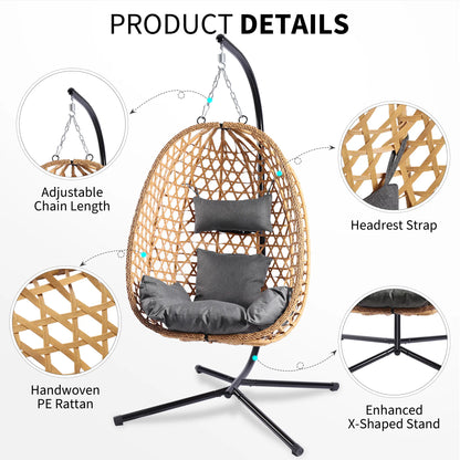 Boho Hanging Egg Chair with Stand – 350 lbs Capacity Patio Swing Chair with Cushions, Indoor & Outdoor Hammock Chair for Balcony, Garden & Bedroom